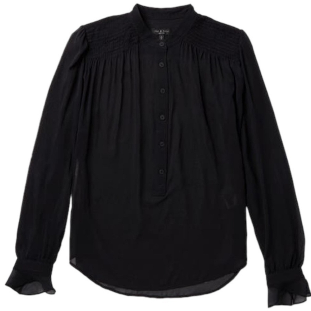 NWT Rag & Bone Susan Blouse Silk Black Smocked Mandarin Collar